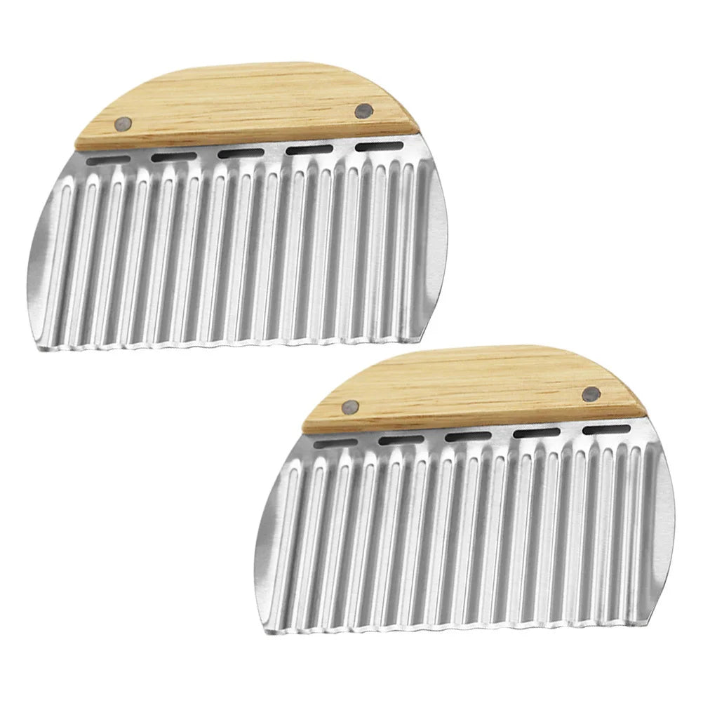 2 pcs Stainless Steel Potato Cutter Crinkle Slicer Wave Vegetable Chopper Kitchen Gadgets For Onion Cutting Wooden