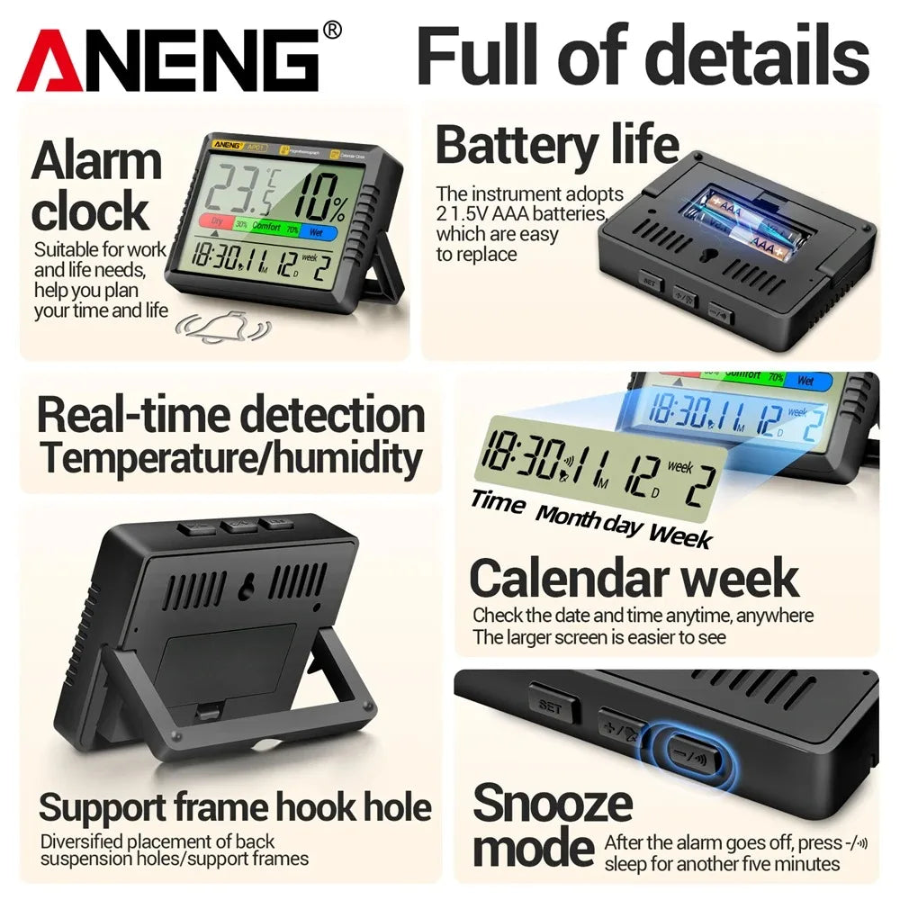 ANENG AP01 Digital Air Thermometer Hygrometer Desktop Alarm Clock Mini Table Thermohygrometer With High Definition Screen