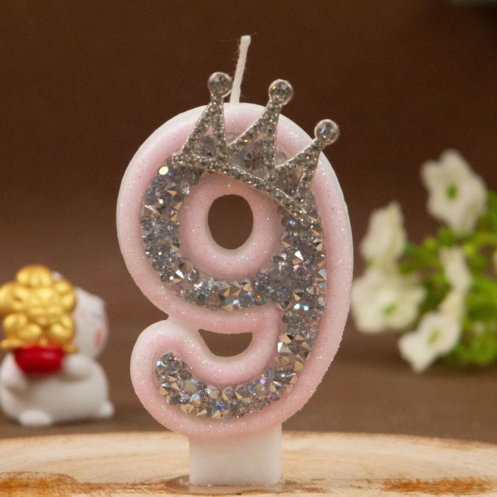Digital Candles 0-9 Pink Silver Rhinestone Crown Creative Cake Decorative Birthday Candles
