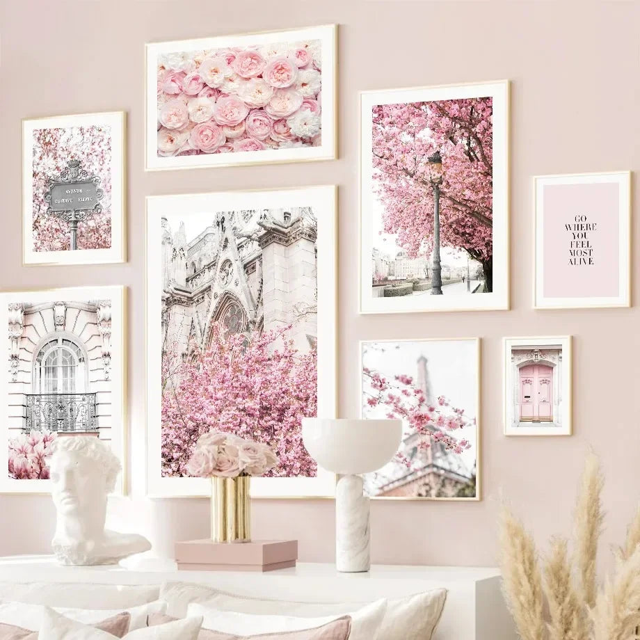Pink Sakura Spring Paris City Landscape Rose Peony Canvas Paintings Poster Wall Art Pictures for Living Room Bedroom Home Decor