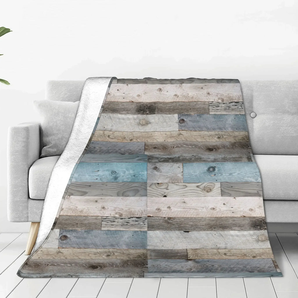 Rustic Countryside Farmhouse Print Blanket Warm Cozy Fluffy Pale Faded Wood Planks Printed Throw Blankets for Bed Multiple Sizes