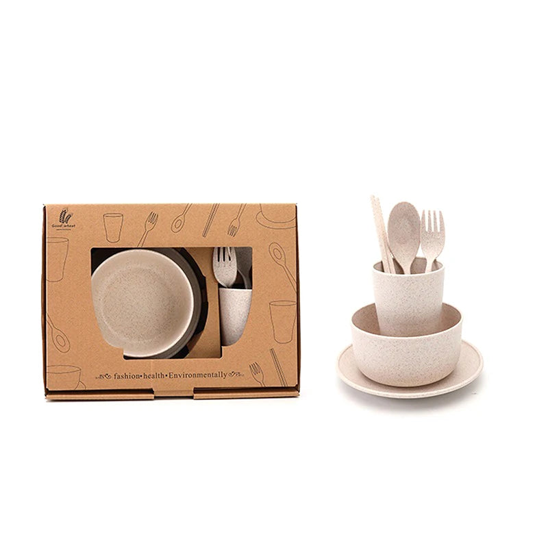 6 Pcs/Set Wheat Straw Baby Tableware Children Food Dishes Bowl Feeding Infant Learning Dinnerware Spoon Chopsticks Fork Cup New