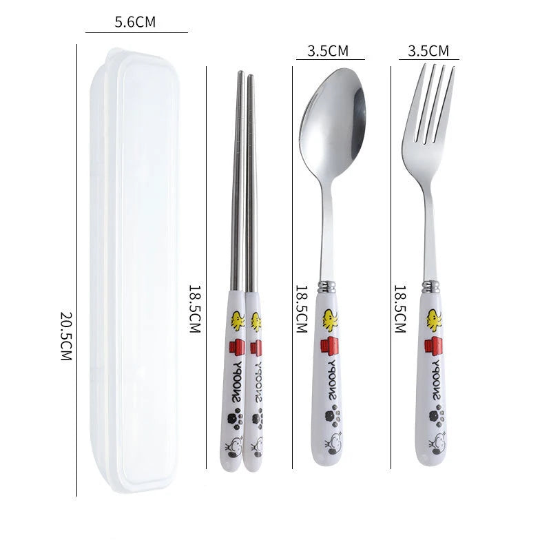 4Pcs/Set Snoopy Tableware Set Stainless Steel Fork Spoon Chopsticks Outdoor Portable Travel Camping Cutlery with Storage Box