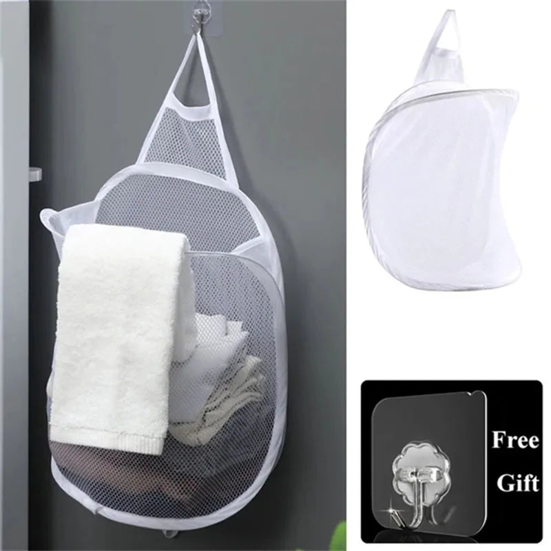Wall Hanging Dirty Clothes Storage Basket Bathroom Foldable Clothes Baskets Dirty Clothes Net Pocket Laundry Organzier Mesh Bag