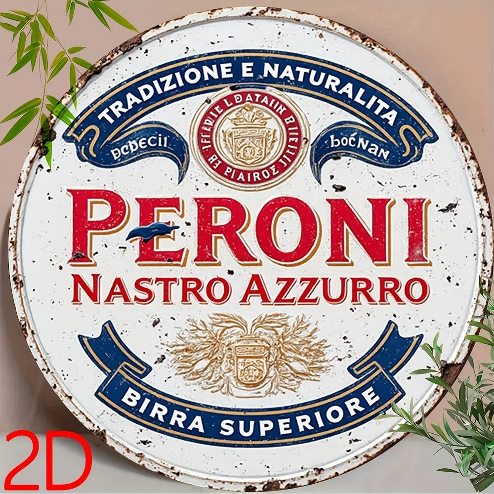 2D Flat, 8x8-Inch Round Aluminum Metal Wall Plaque, Framed - Modern Rustic Style "From Italy to the World" Beer Legend Retro Des