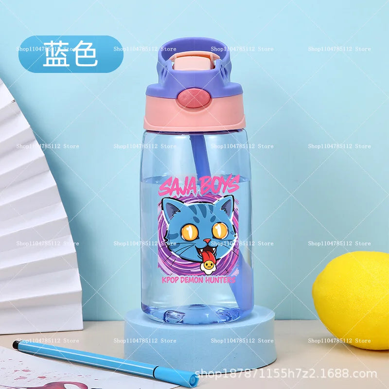 KPop Demon Hunters Drinking Glass Large Capacity Portable Plastic Mug Kids Cartoon Cute Sports Straw Drinking Cup Water Bottle