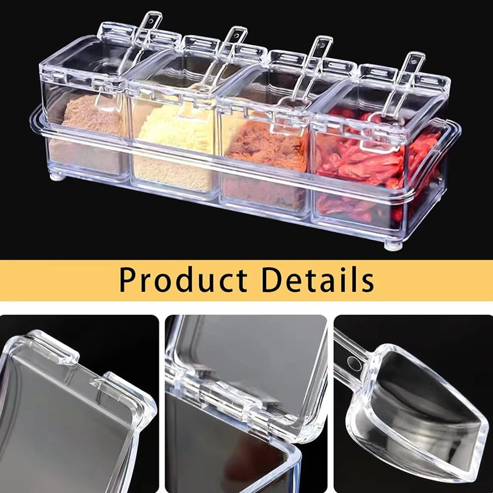 4 Pieces Clear Seasoning Box Set Crystal Seasoning Storage Container with Spoon Clear Seasoning Rack Spice Pots for Pepper Spice