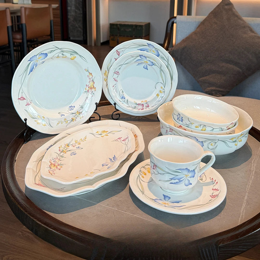 Floral Ceramic Dinner Set French Style Plates Oval Serving Bowls Unique Artistic Tableware For Daily Home Use Dining