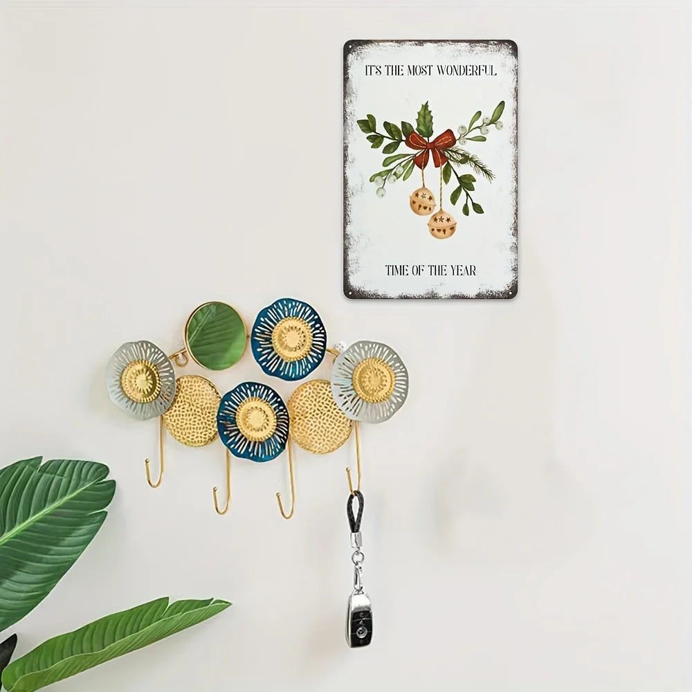 Vintage Christmas Tin Sign - 20.32x30.48 cm Iron Wall Art with Jingle Bells and Holly, Rustic Home Decor for Indoor or Outdoor U