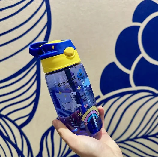 480ML Cute Water Bottle Durable 500ml Portable Water Bottle with Straw and Handle BPA-Free PC Material, Leak-Proof Sealable Lid