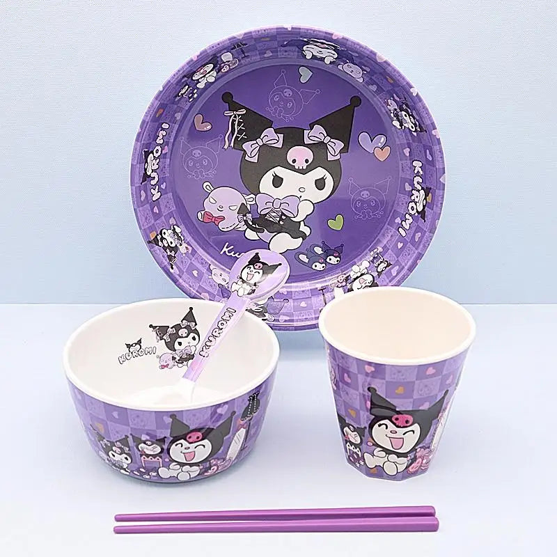 Cute Cartoon Sanrios Kuromi Tableware Bowl Plate Cup Chopsticks Spoon A Set Fashion Imitation Porcelain Tableware Good-Looking