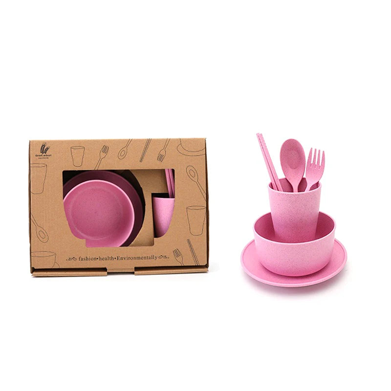 6 Pcs/Set Wheat Straw Baby Tableware Children Food Dishes Bowl Feeding Infant Learning Dinnerware Spoon Chopsticks Fork Cup New