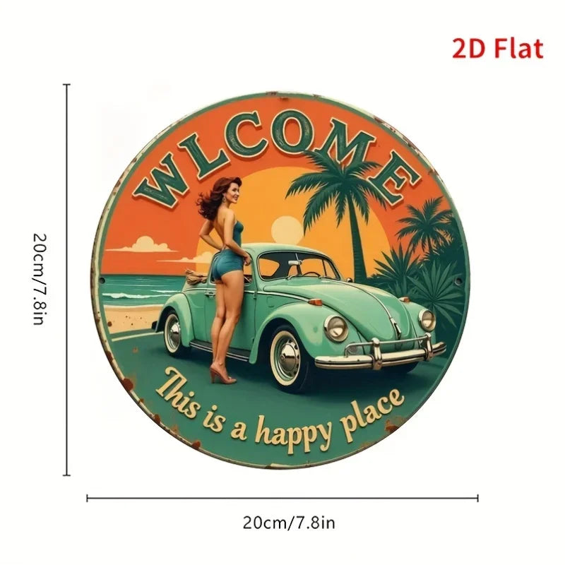 Vintage Metal Wall Art  Retro Beach Scene with Classic Car & Palm Trees, "Welcome" Sign for Home, Bar, Office, Restaurant,Decor