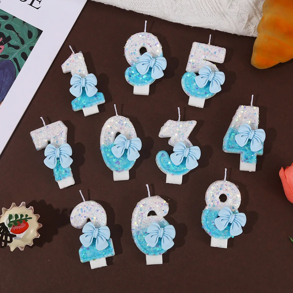 Blue and White Color Block Sequin Bow Digital Candle Birthday Party Cake Candle Creative Super Shiny Candle