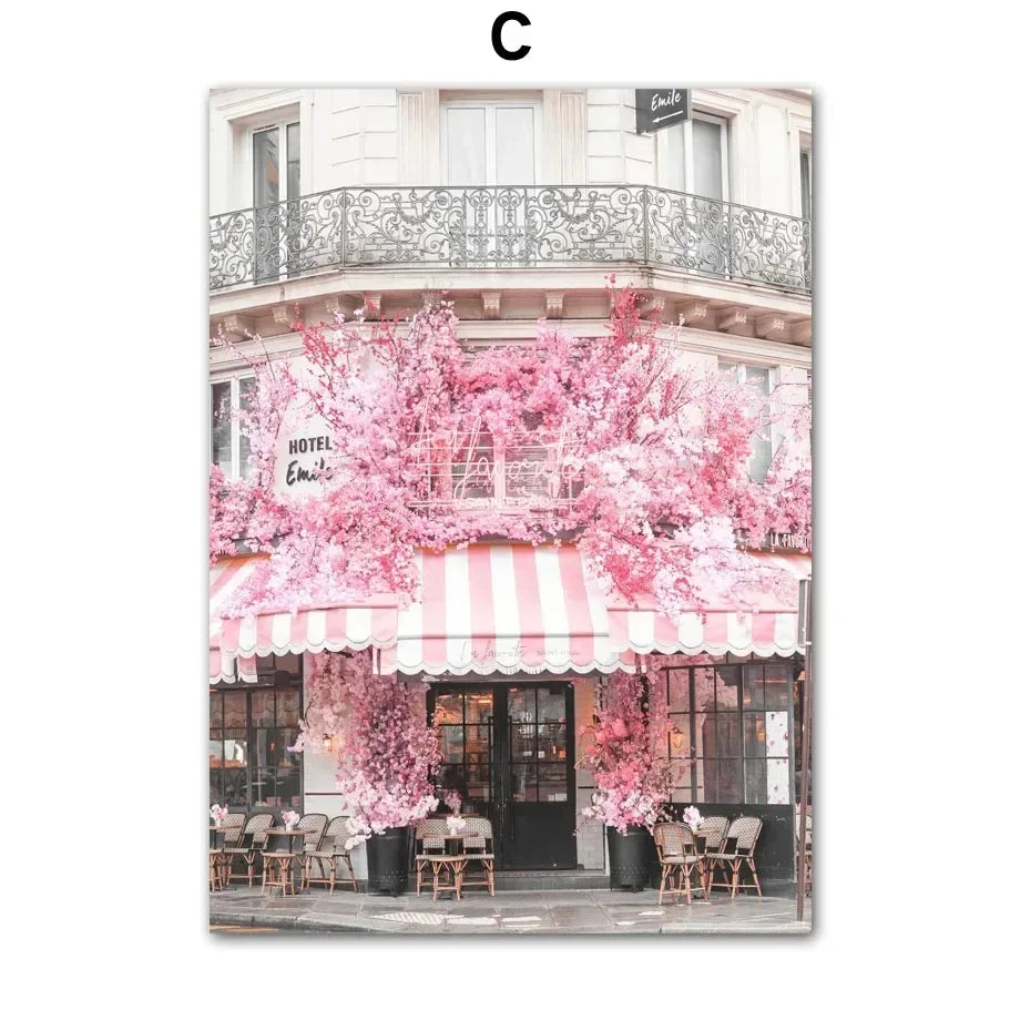 Pink Sakura Spring Paris City Landscape Rose Peony Canvas Paintings Poster Wall Art Pictures for Living Room Bedroom Home Decor