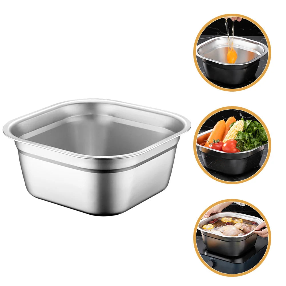 Square Stainless Steel Washing Basin Large Capacity Multi-Purpose Vegetable Fruit Mixing Bowl Kitchen Gadget Buffet Tray Soup