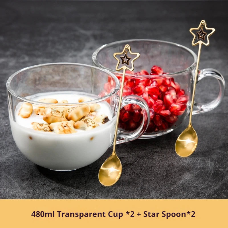 480ml Transparent Creative Glass Coffee Tea Mug Drinks Dessert Breakfast Milk Cup Glass Mugs Handle Drinkware With Cup Lid Spoon