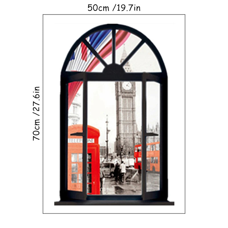 London City Street View Mural Clock Tower Telephone Booth Window Art Wall Stickers for Vintage Home Decoration Aesthetic Rooms