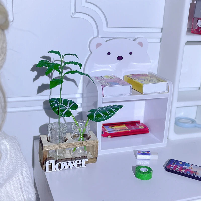 1Set 1:12 Dollhouse Miniature Hydroponic Wooden Flower Arrangement Stand Mini Glass Flower Vase Model Home Garden Decor Toys