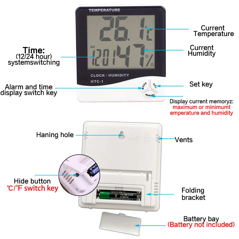 HTC-1 HTC-2 LCD Electronic Digital Temperature Humidity Meter Thermometer Hygrometer Indoor Outdoor Weather Station Clock