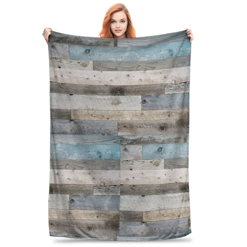 Rustic Countryside Farmhouse Print Blanket Warm Cozy Fluffy Pale Faded Wood Planks Printed Throw Blankets for Bed Multiple Sizes