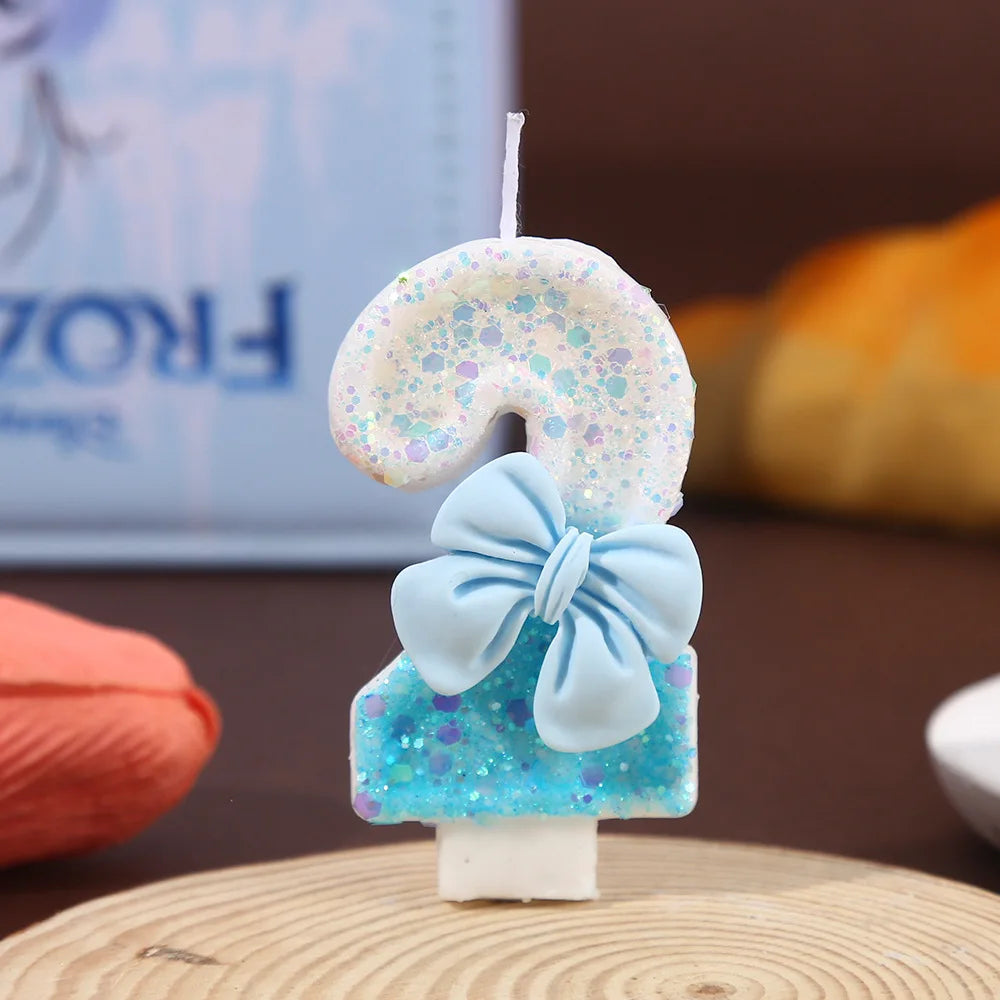 Blue and White Color Block Sequin Bow Digital Candle Birthday Party Cake Candle Creative Super Shiny Candle