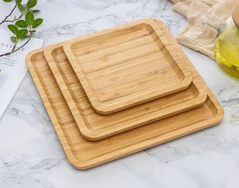 Square and Round Bamboo Storage Tray for Home Use, Tea Coffee Cup Tray Breakfast Dinner Plate Bread Fruit Cake Food Serving Tray