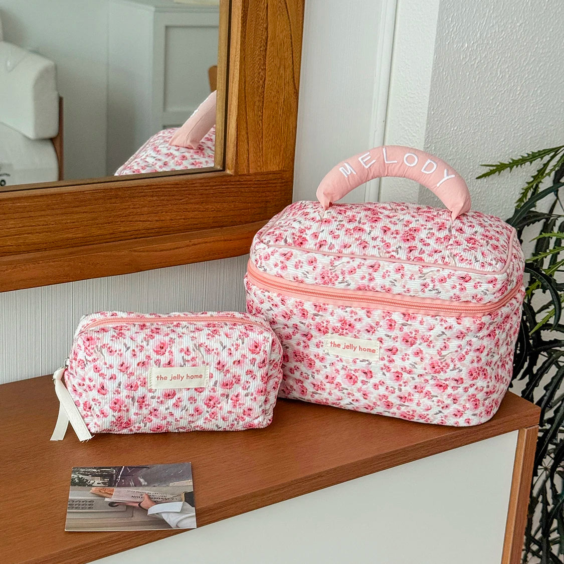 Fashion Pink Flower Women's Clutch Bag Sets Toiletry Makeup Tool Storage Pouch Quilting Cosmetics Organizers Handbag for Travel