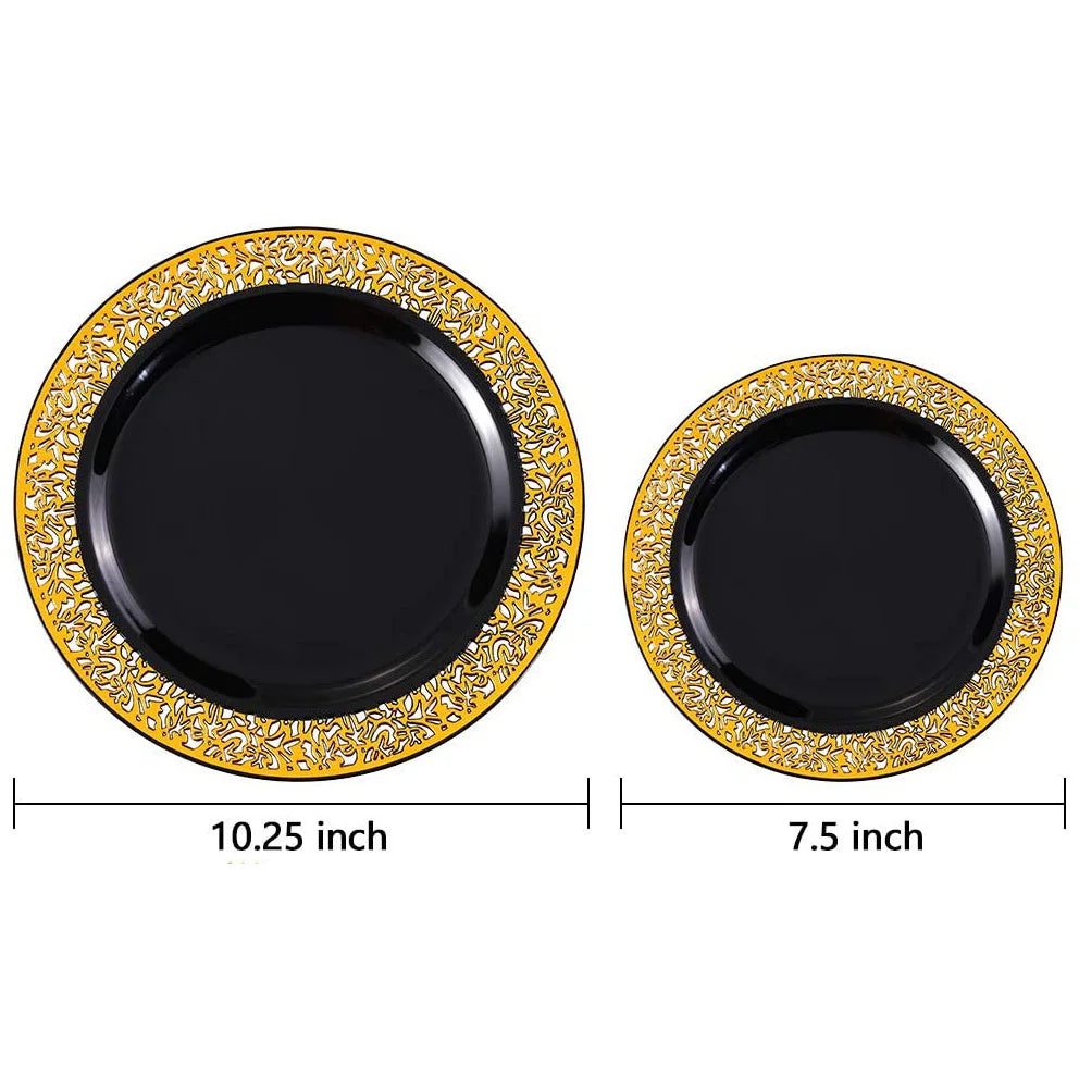 Black Plastic Plates with Gold Rim-Lace Design Party Plates Disposable Dinner Plates,Salad/Dessert Plates for Weddings &Parties