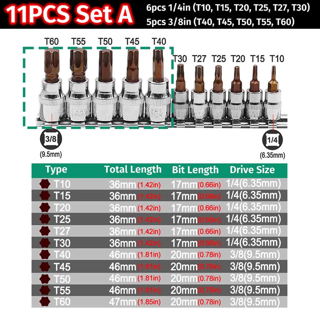 Torx Hex Screwdriver Bits Set 1/4 3/8 Inch Impact Drive Socket T10-T60 H2.5-H14