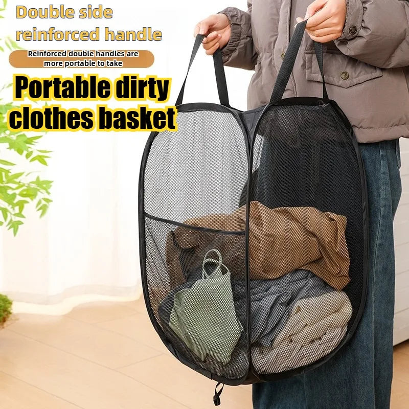 Large Capacity Laundry Basket Foldable Mesh Storage Bag For Dirty Clothes Organizer In Bathroom Washing Room Home Use