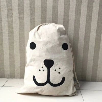 Linen Cotton Laundry Bag Animal Stripe Drawstring Backpack Cartoon Toy Storage Bag Drawstring Dirty Clothes Bag Organizer Pouch