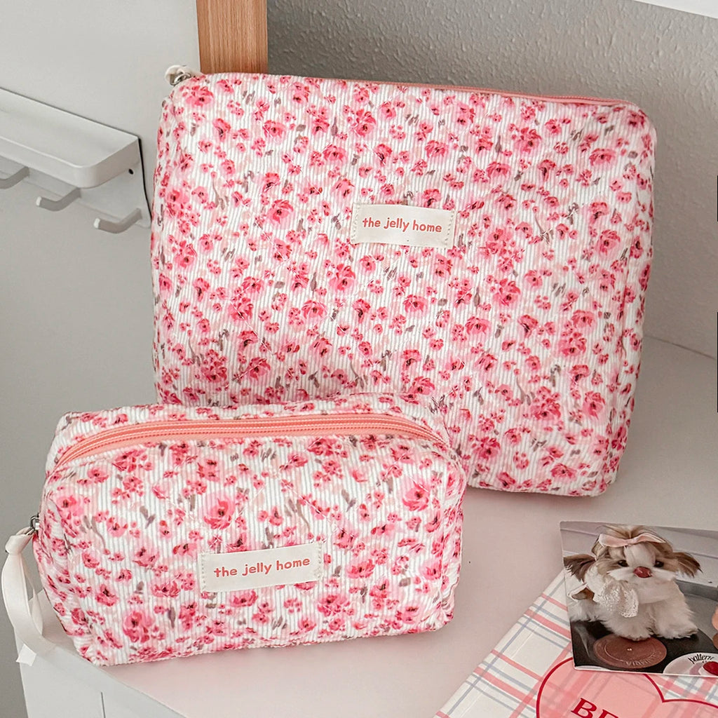 Fashion Pink Flower Women's Clutch Bag Sets Toiletry Makeup Tool Storage Pouch Quilting Cosmetics Organizers Handbag for Travel
