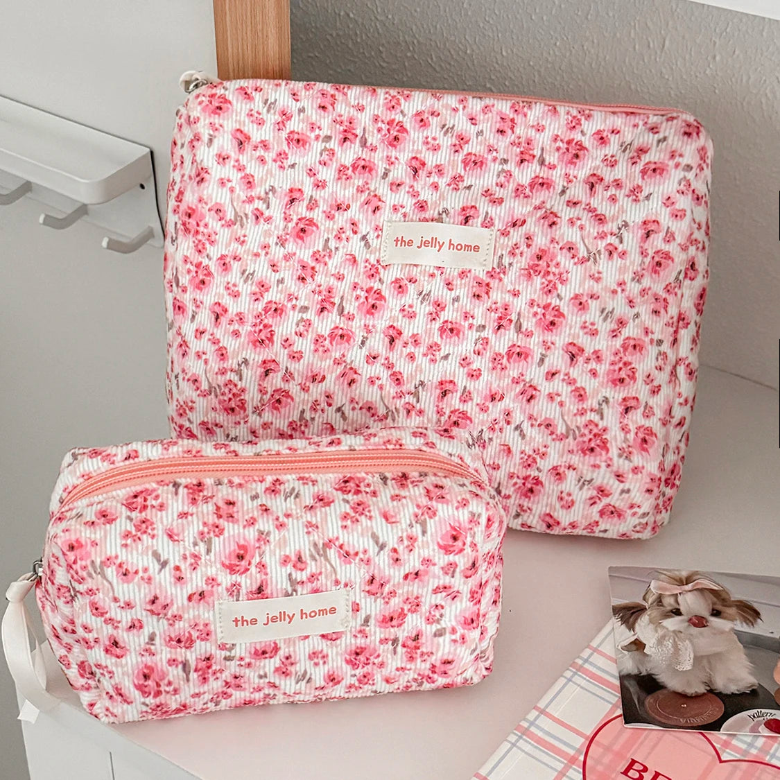 Fashion Pink Flower Women's Clutch Bag Sets Toiletry Makeup Tool Storage Pouch Quilting Cosmetics Organizers Handbag for Travel