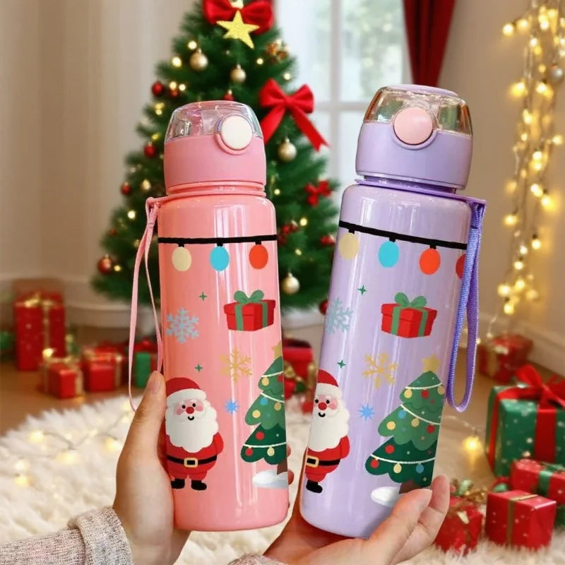 3D Print Christmas Water Bottle with Cute Santa Reindeer Design 700ML Cartoon Cute High Appearance Plastic Water Cup,Leak-Proof