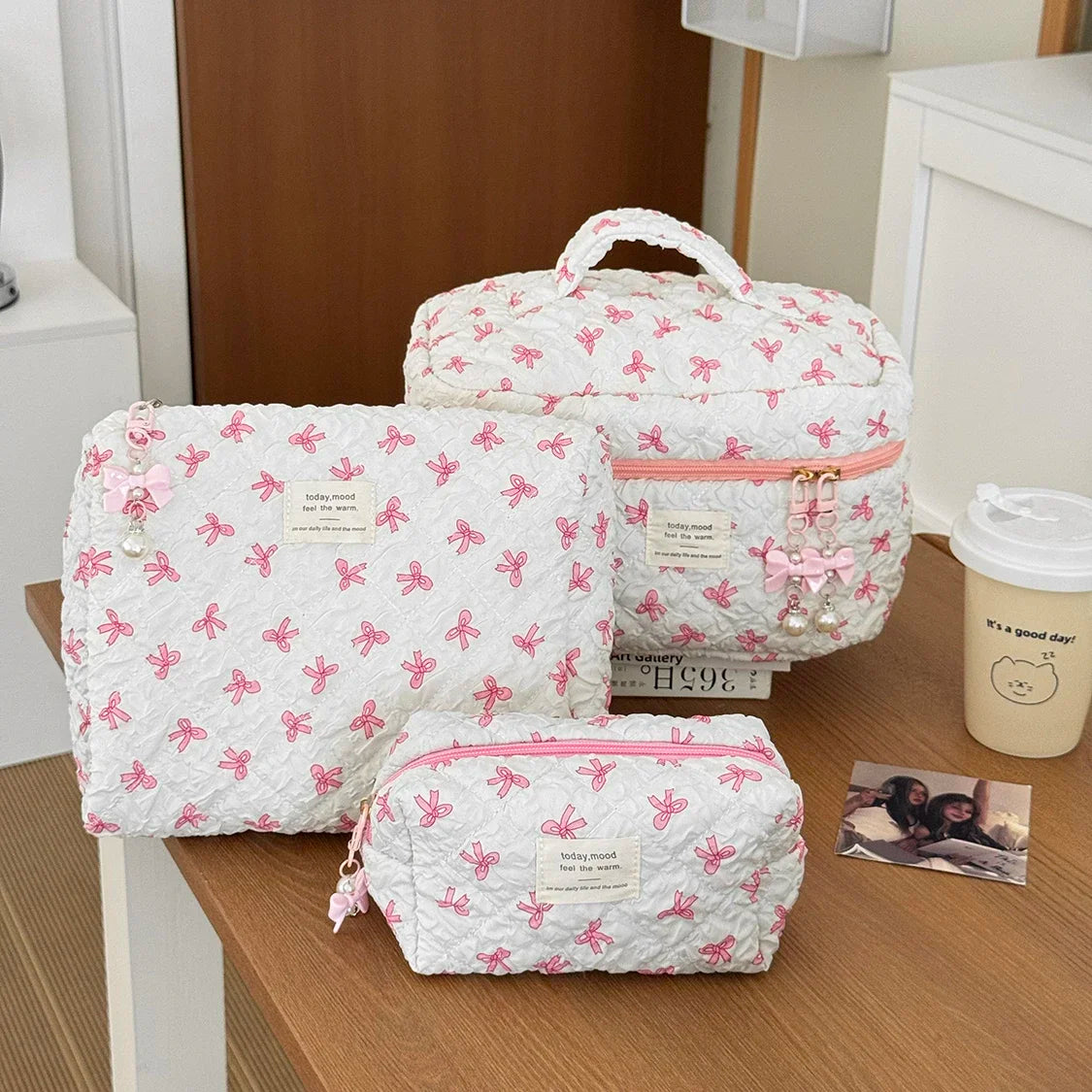 Fashion Pink Flower Women's Clutch Bag Sets Toiletry Makeup Tool Storage Pouch Quilting Cosmetics Organizers Handbag for Travel