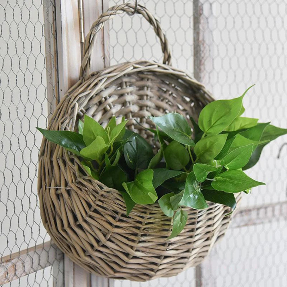 Hand Made Wicker Rattan Flower Planter Wall Hanging Wicker Rattam Basket Garden Vine Pot Plants Holder Garden Pots Wall Planter