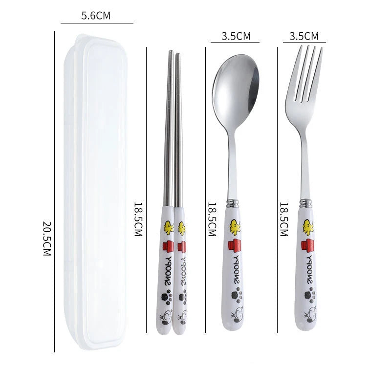 4Pcs/Set Snoopy Tableware Set Stainless Steel Fork Spoon Chopsticks Outdoor Portable Travel Camping Cutlery with Storage Box