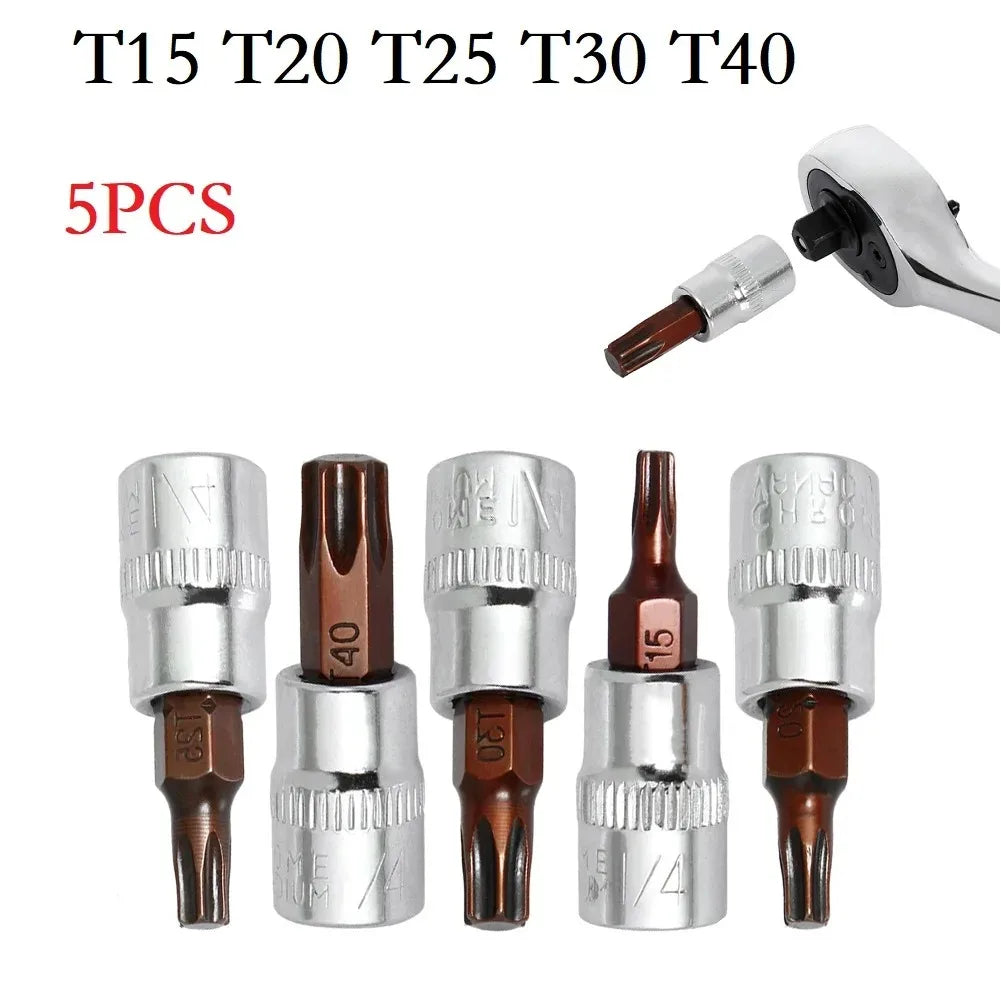 5 Pcs Torx Screwdriver Bits 1/4 Inch Drive Socket Head Tools T15 T20 T25 T30 T40 Socket Wrench Adapter Hand Tools