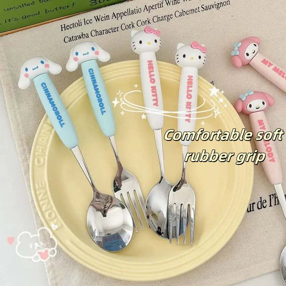 2Pcs/Set Sanrio Tableware Cute Cartoon Melody Cinnamoroll Students Stainless Steel Spoon Forks Two-piece Set Kitchen Supplies