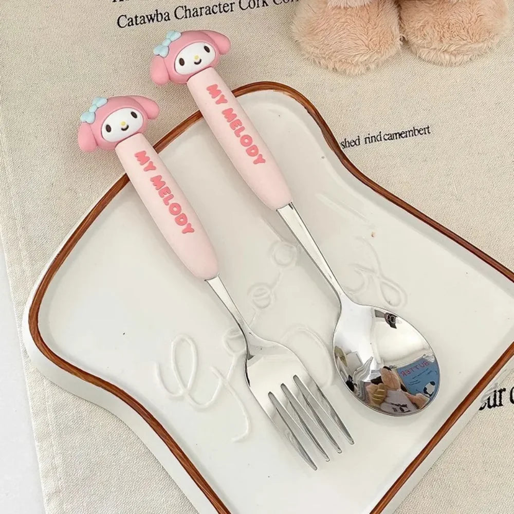 2Pcs/Set Sanrio Tableware Cute Cartoon Melody Cinnamoroll Students Stainless Steel Spoon Forks Two-piece Set Kitchen Supplies