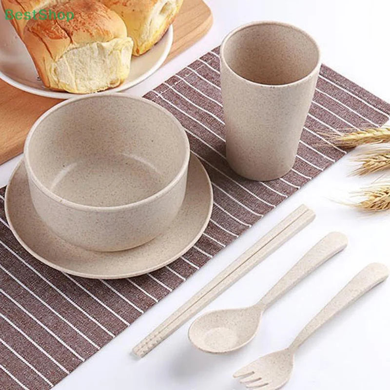 6 Pcs/Set Wheat Straw Baby Tableware Children Food Dishes Bowl Feeding Infant Learning Dinnerware Spoon Chopsticks Fork Cup New