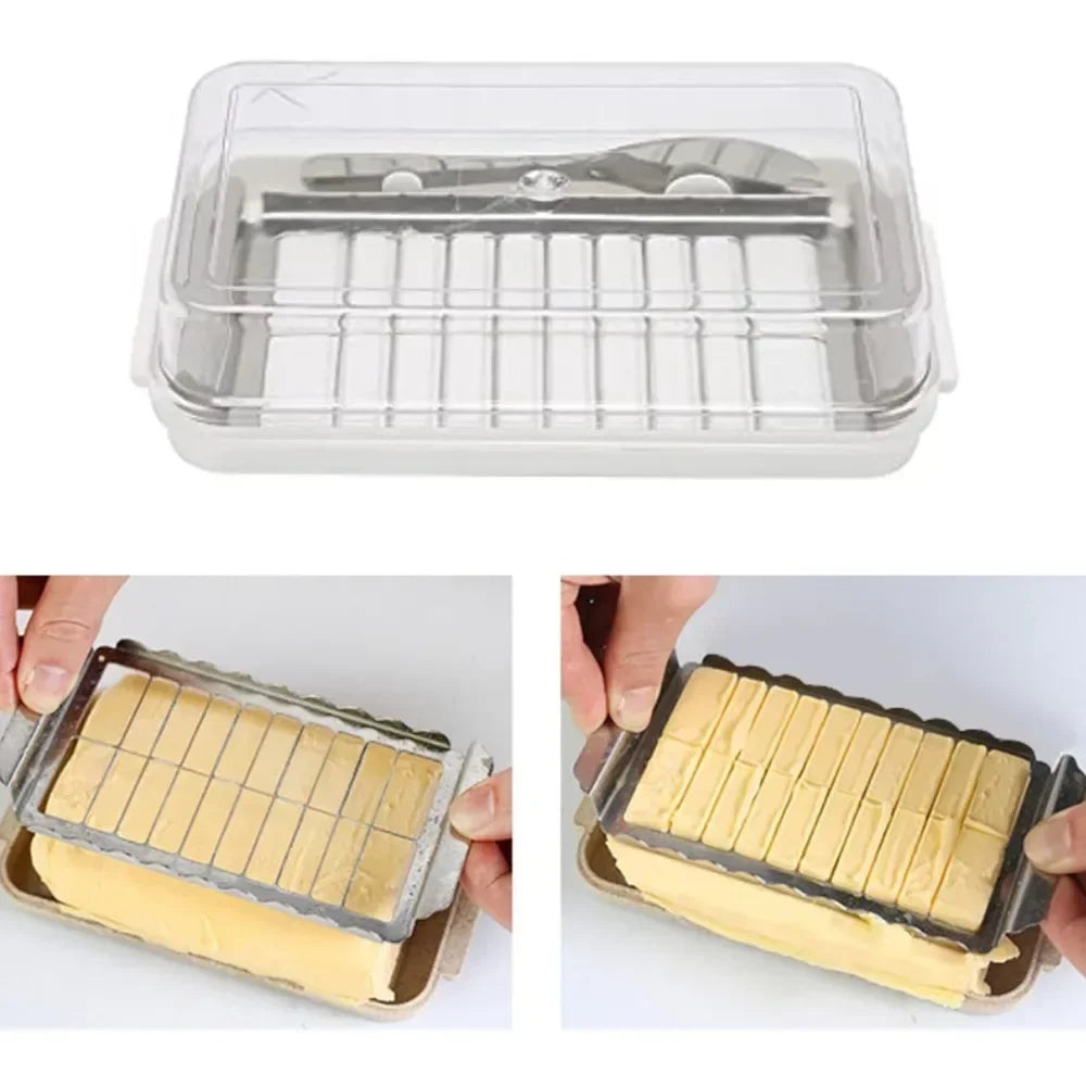 Butter Storage Box 2-in-1 Butter Dish with Clear Lid and Cutter Slicer Cutter Box Airtight Rectangular Butter Storage