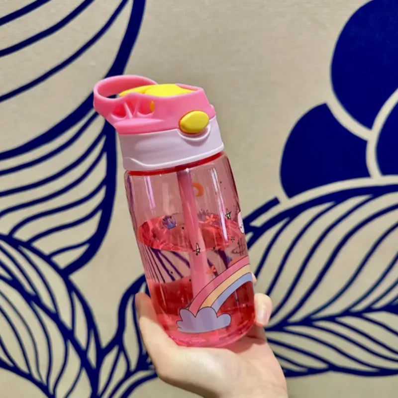 480ML Cute Water Bottle Durable 500ml Portable Water Bottle with Straw and Handle BPA-Free PC Material, Leak-Proof Sealable Lid