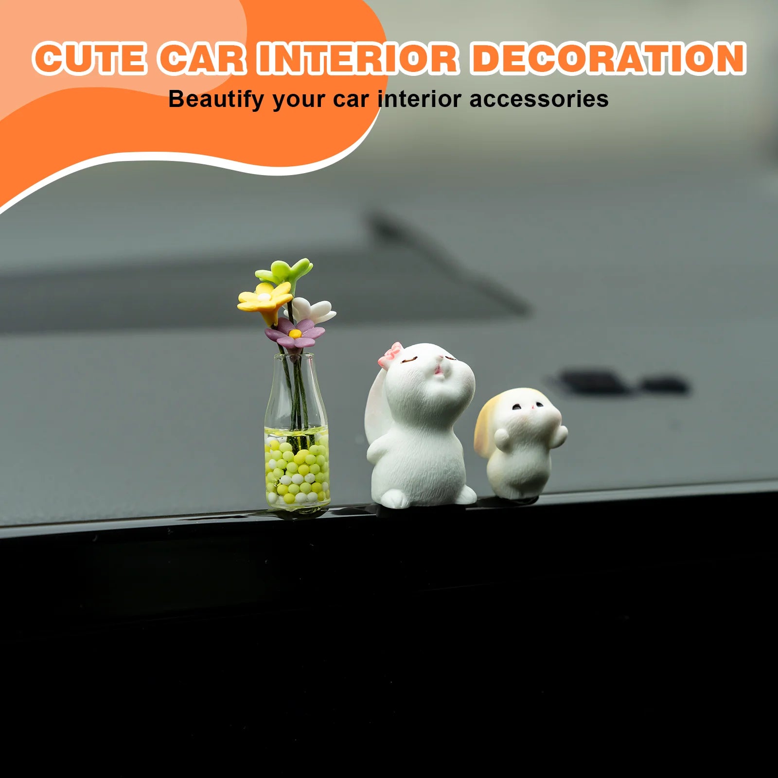 Cute Mini Bunny and Daisy Flower Vase Car Ornaments Funny Dashboard Decorations Kawaii Car Interior Accessories for Women Gifts