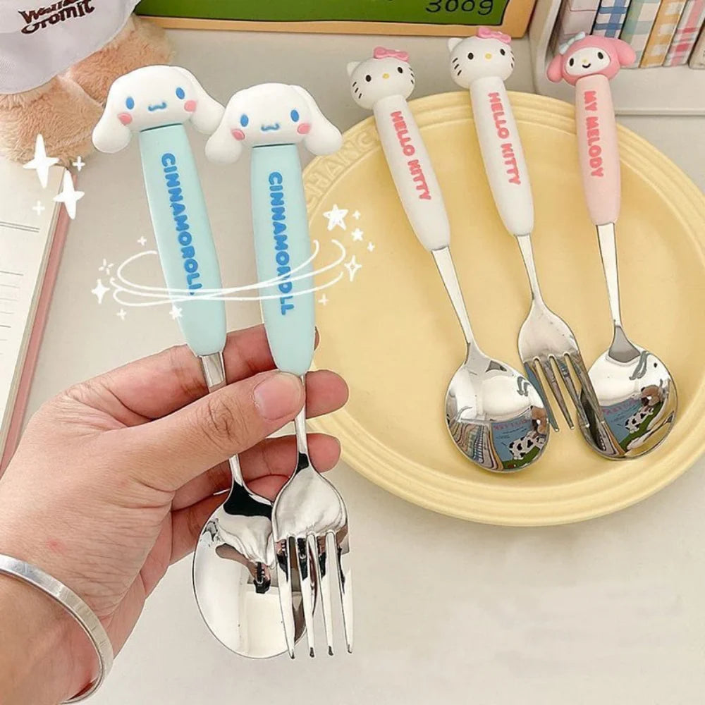 2Pcs/Set Sanrio Tableware Cute Cartoon Melody Cinnamoroll Students Stainless Steel Spoon Forks Two-piece Set Kitchen Supplies