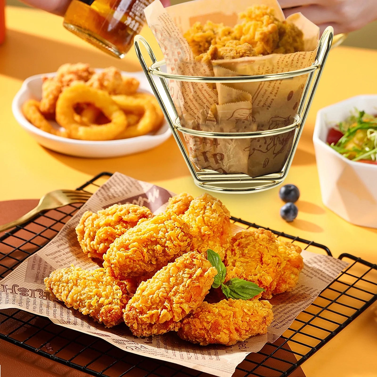Fried Chicken Basket Metal Cone Snack Holder Hollow Wire Fry Basket Iron Food Serving Container Kitchen Bar Utensil