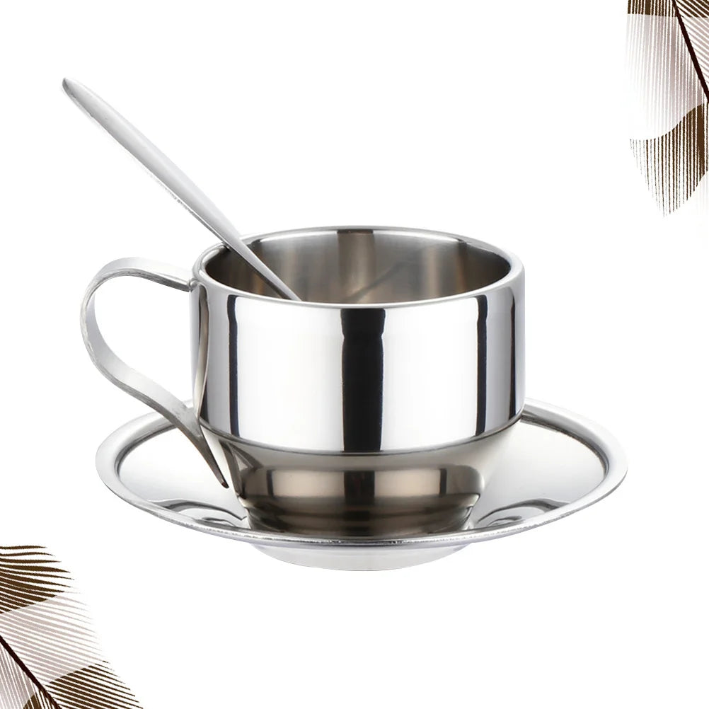3Pcs Stainless Steel Tea Cup Coffee Cup Set Plate Spoon Ergonomic Handle Safe Material Perfect for Daily Coffee Tea