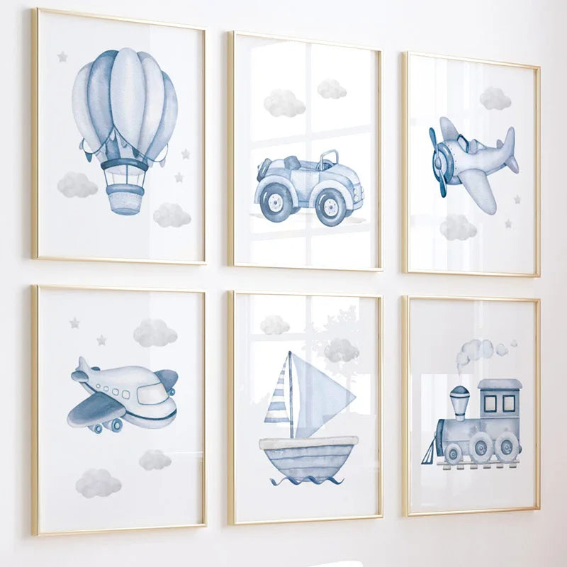 Hot Air Balloon Plane Train Car Custom Baby Name Wall Art Nordic Posters Painting Cartoon Pictures Kids Room Decor Canvas Prints