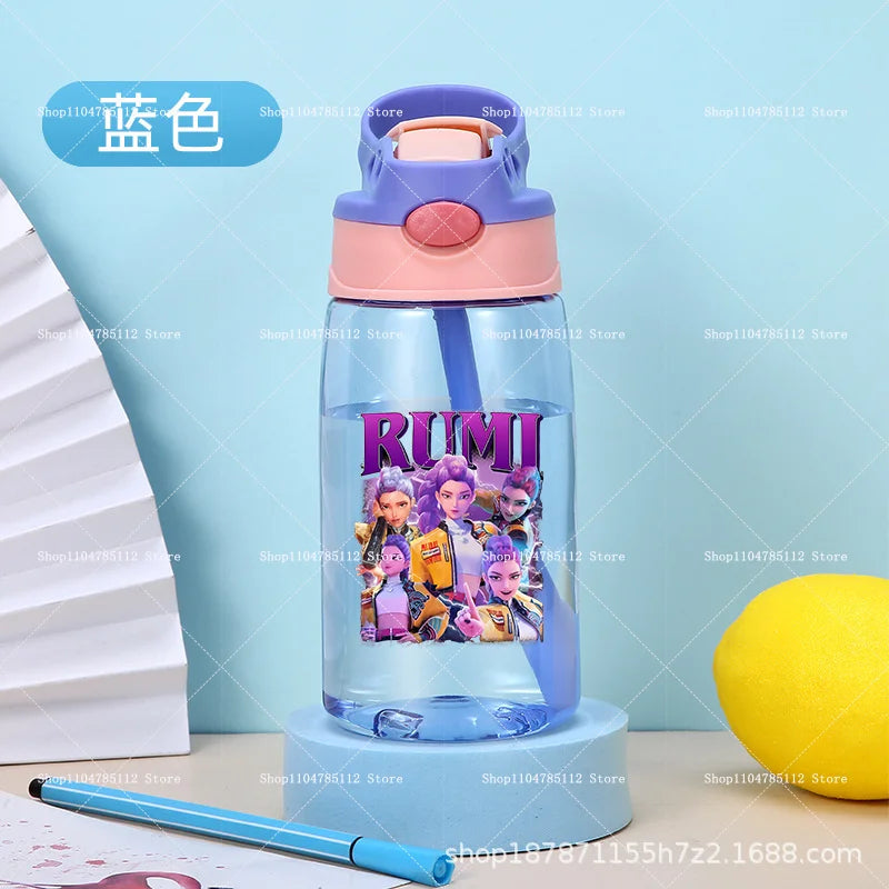 KPop Demon Hunters Drinking Glass Large Capacity Portable Plastic Mug Kids Cartoon Cute Sports Straw Drinking Cup Water Bottle